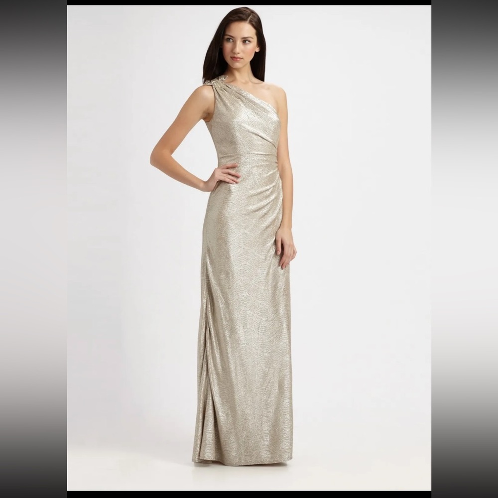 David Meister Matelasse Gold Metallic One-Shoulder Elegant Gown Dress Size 10